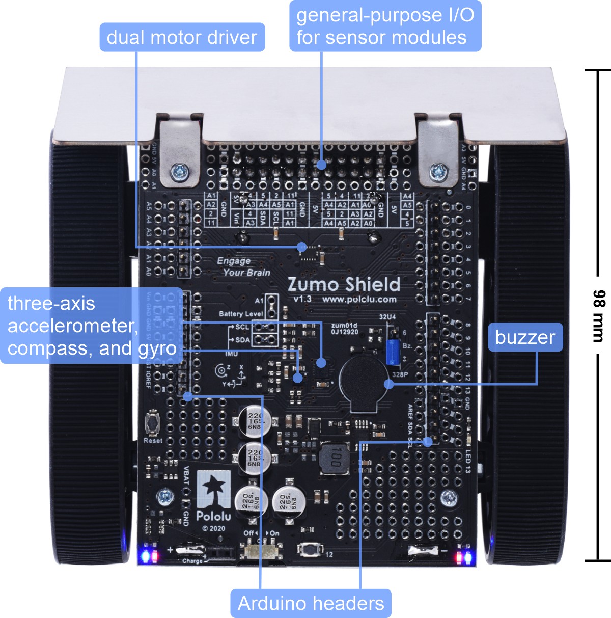 Kit de robot à chenilles Zumo pour Arduino (avec moteurs 75:1 HP) - Cliquez pour agrandir