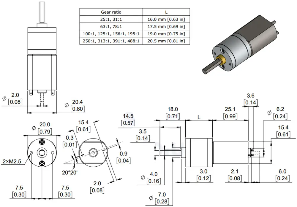 Pololu 488:1 Metalen Gearmotor 20Dx46L mm 12V CB