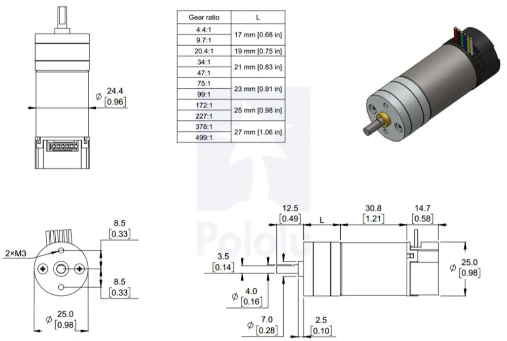 Pololu 99:1 Motoréducteur Métallique 25Dx69L mm HP 12V avec Encodeur 48 CPR