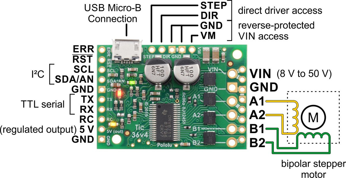 Controlador de Motor Paso a Paso de Múltiples Interfaces USB Tic 36v4 de Pololu (Soldado) - Haga Clic para Ampliar