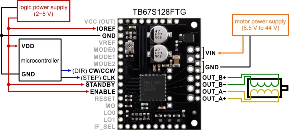 Placa de Conexión del Controlador de Motor Paso a Paso TB67S128FTG de Pololu - Haga Clic para Ampliar