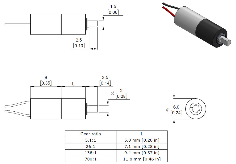 Pololu 5.1:1 Sub-Micro Plastic Planetary Gearmotor 6Dx14L mm - Click to Enlarge