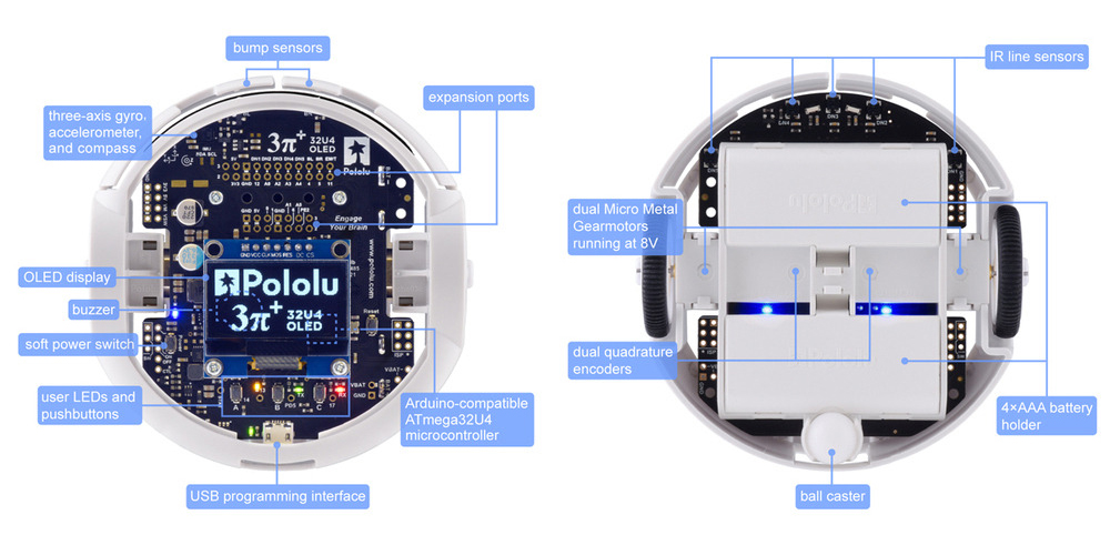 Kit de Robot 3pi+ 32U4 OLED de Pololu c/ Motores MP 30:1 (Edición Estándar) - Haga Clic para Ampliar
