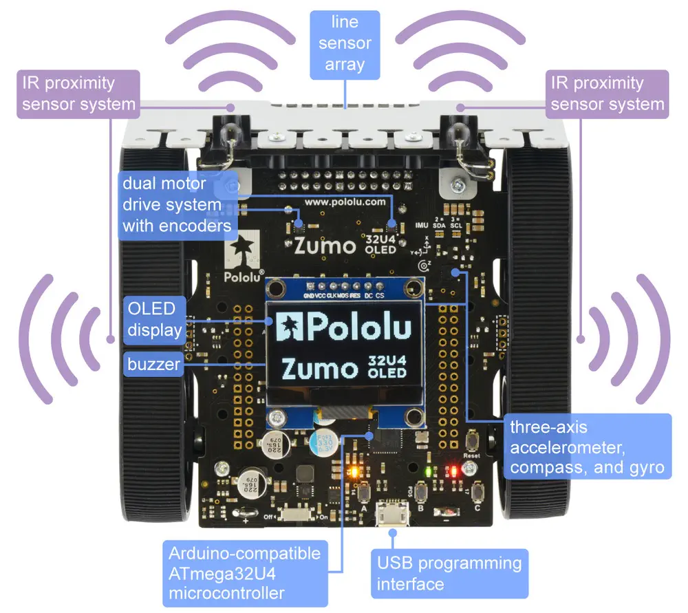 Robot Zumo 32U4 OLED (Ensamblado c/ Motores de 100:1 HP) - Haga Clic para Ampliar