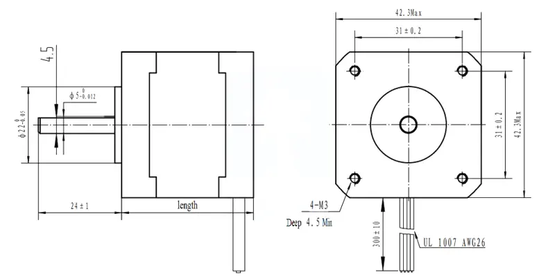 Bipolar Stepper Motor 200 Steps/Rev, 42 x 38mm, 2.8V, 1.7 A/Phase, I2C - Click to Enlarge