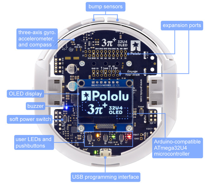 Pololu 3pi+ 32U4 OLED Roboter - Zusammengebaute Standard Edition (30:1 MP Motoren) - Zum Vergrößern klicken