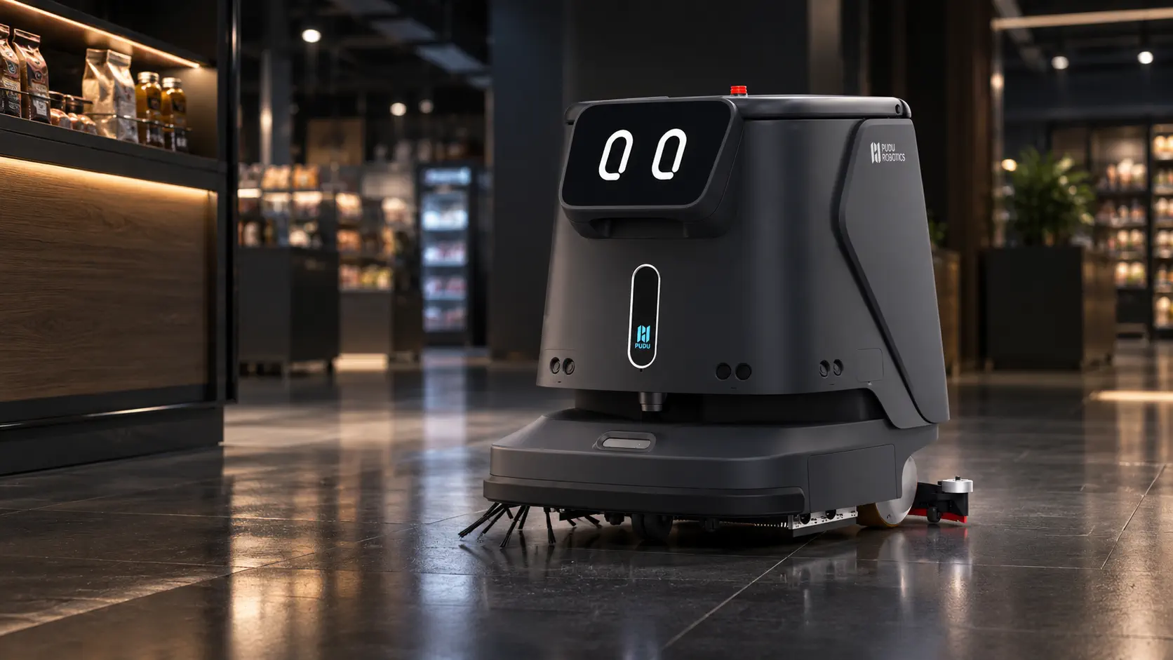 PUDU CC1 commercial cleaning robot in black, three-quarter view showing the brush deck and display head