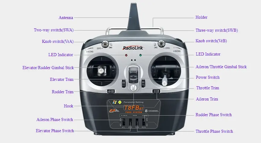 Transmisor RadioLink T8FB (BT) de 2,4GHz 8CH c/ Receptor R8EF 8CH - Haga Clic para Ampliar