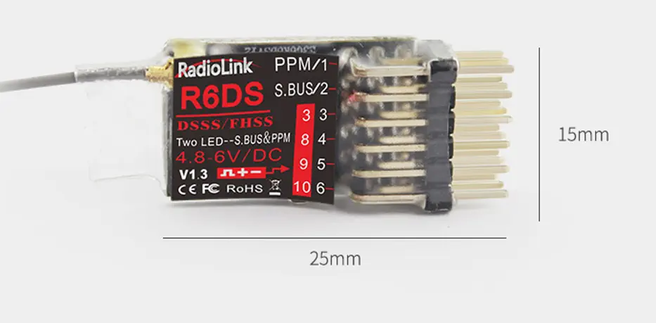 Receptor R6DS de 10-CH 2,4GHz DSSS y FHSS de Radiolink - Haga Clic para Ampliar