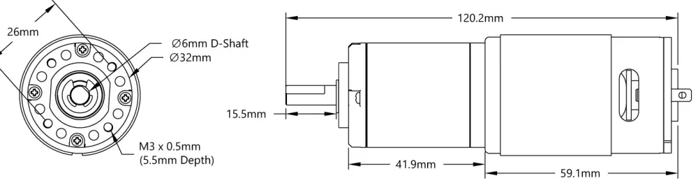 Schematisch van 45 RPM HD Premium Planetaire Versnellingsbak Motor - Afmetingen