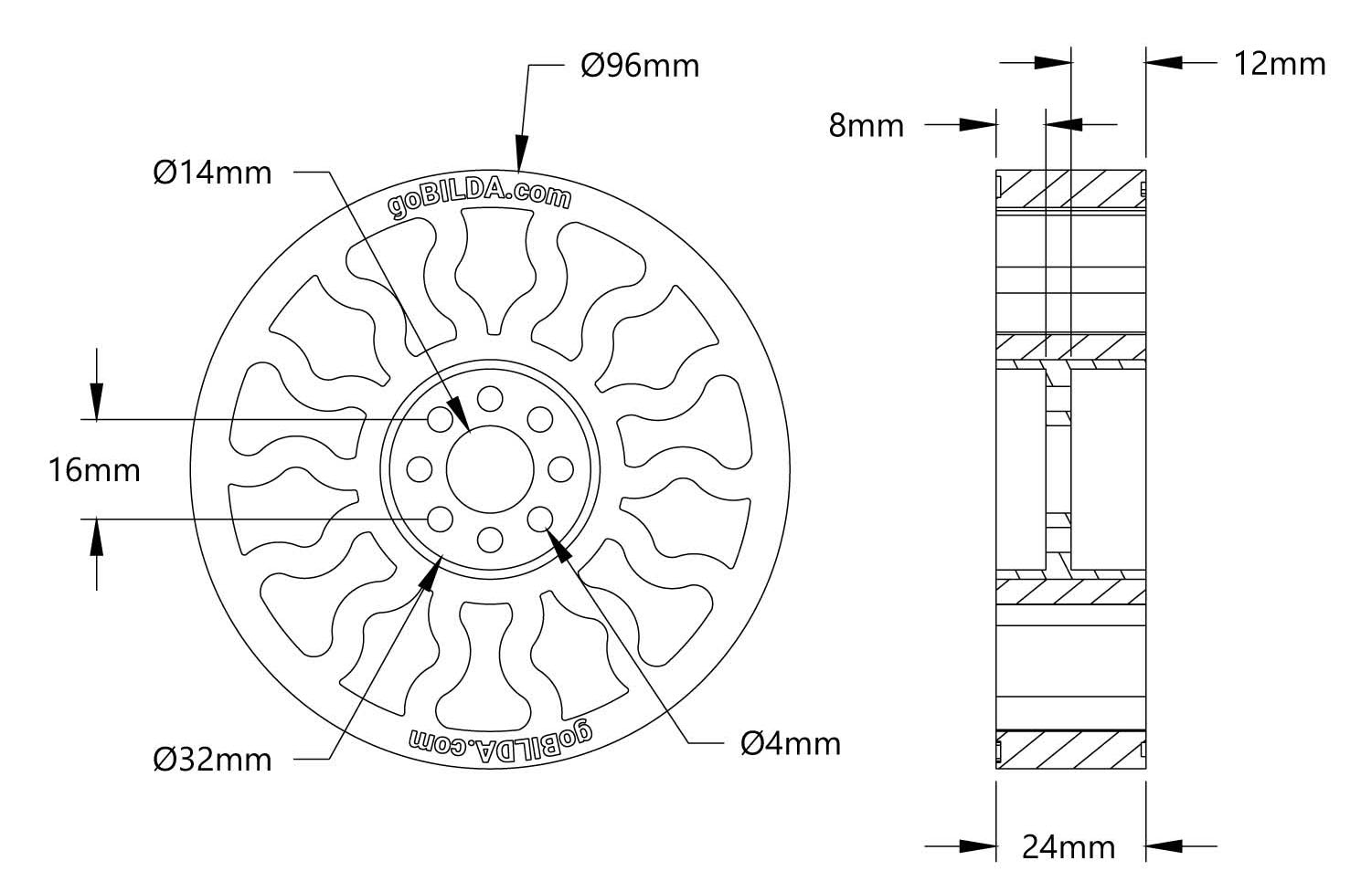 3613 Series Gecko Wheel (14mm Bore, 96mm Diameter) - Click to Enlarge