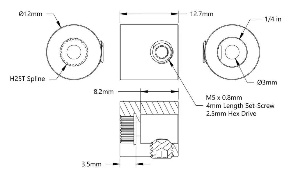 Servo-coupleur d'arbre (cannelure H25T, alésage de 1/4 de pouce) - Cliquez pour agrandir