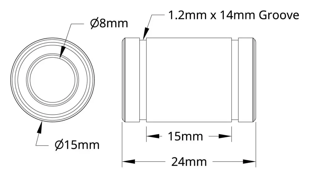 Roulements à billes linéaires de 8 mm ID x 24 mm de longueur - Cliquez pour agrandir