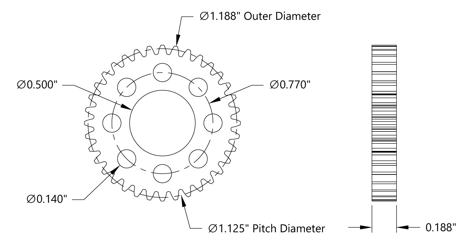 32 Pitch, 36 Tooth Delrin Hub Mount Spur Gear - Click to Enlarge