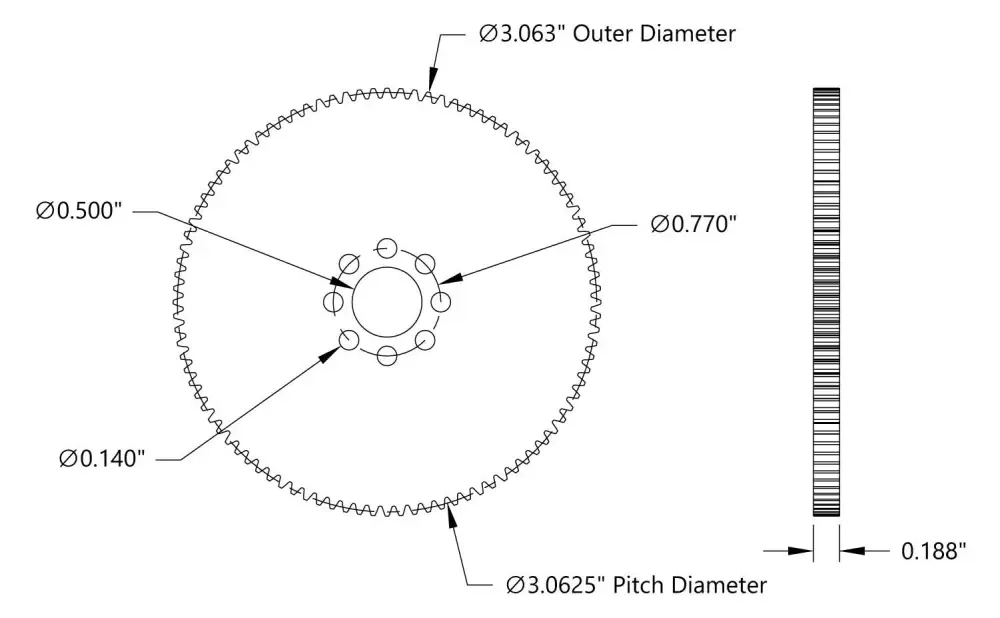 32 Pitch, 96 Tooth Delrin Hub Mount Spur Gear - Click to Enlarge