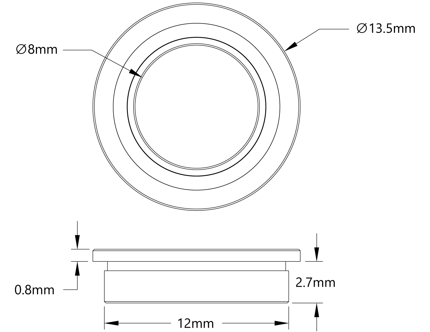 1601 Series Flanged Ball Bearing 8mm ID, 12mm OD, 3.5mm Thick (2x) - Click to Enlarge