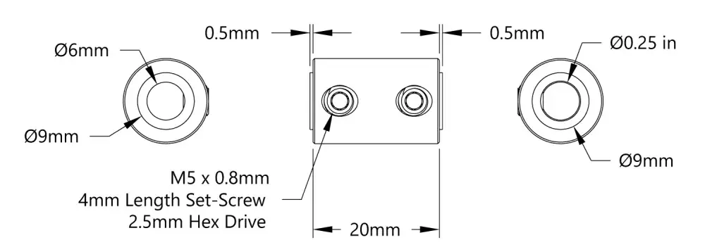 Set-Screw Shaft Coupler (6mm Round Bore to 1/4-inch Round Bore) - Click to Enlarge