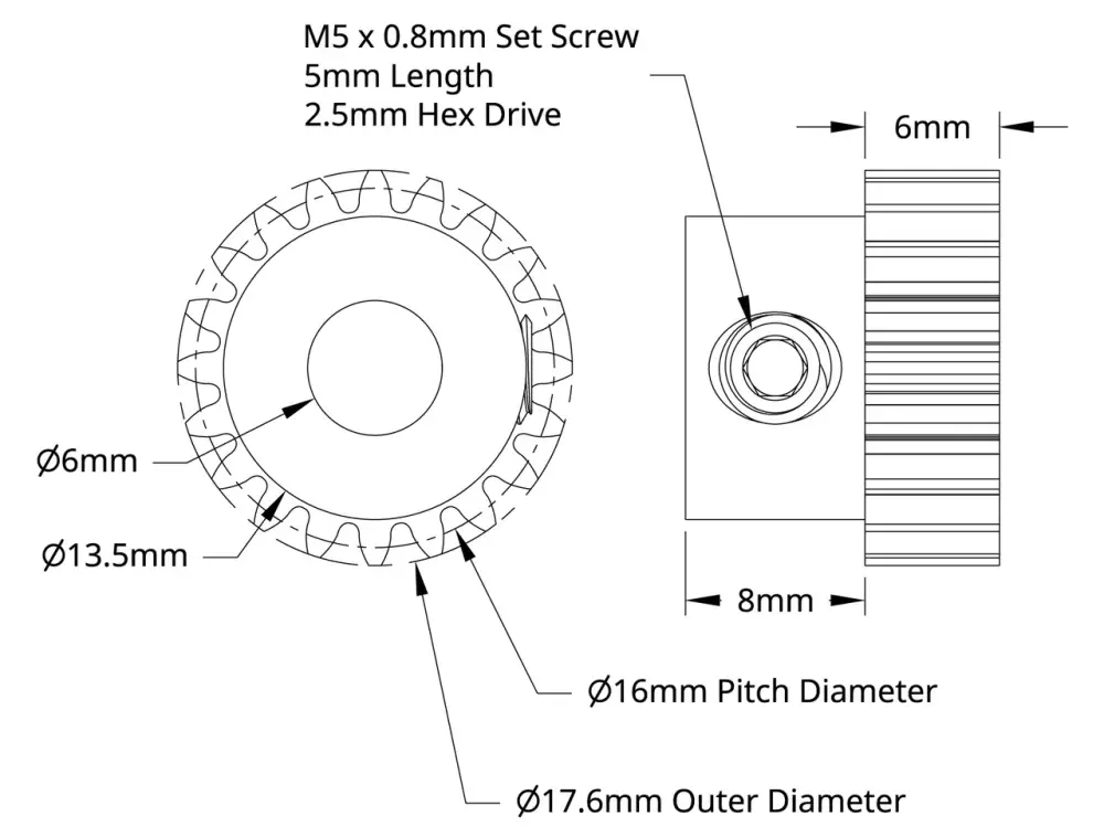 2304 Series Brass, MOD 0.8, Round Bore, Set Screw Pinion Gear (6mm Bore, 20T) - Click to Enlarge