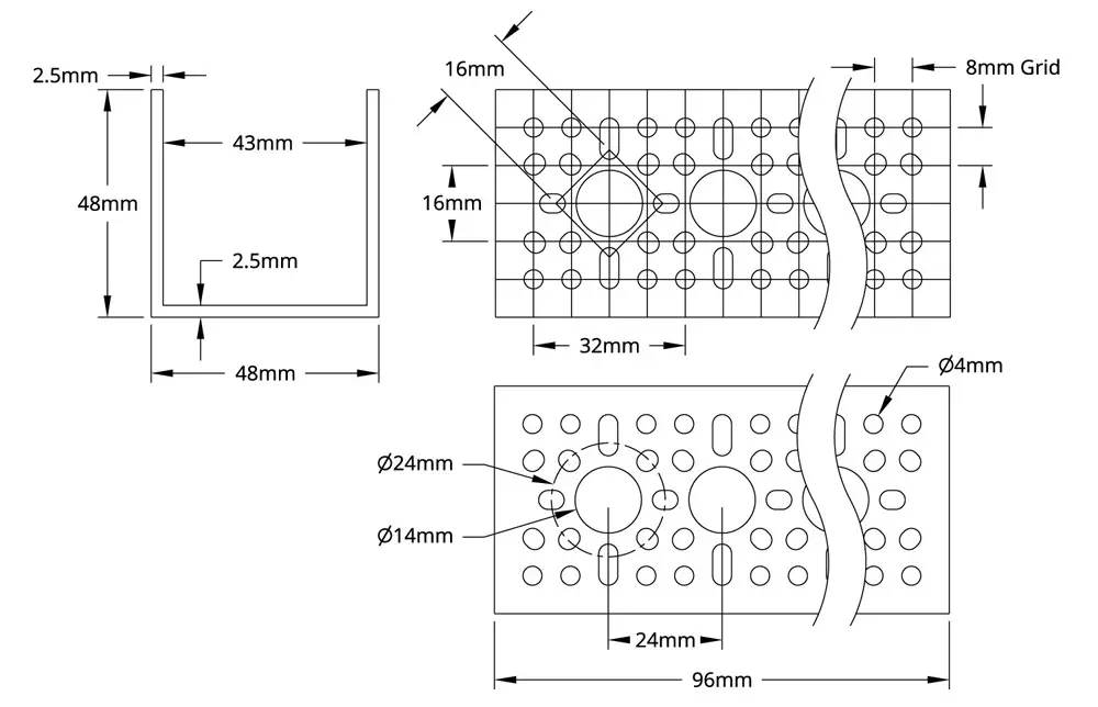 1120 Series U-Channel (3 Hole, 96mm Length) - Click to Enlarge