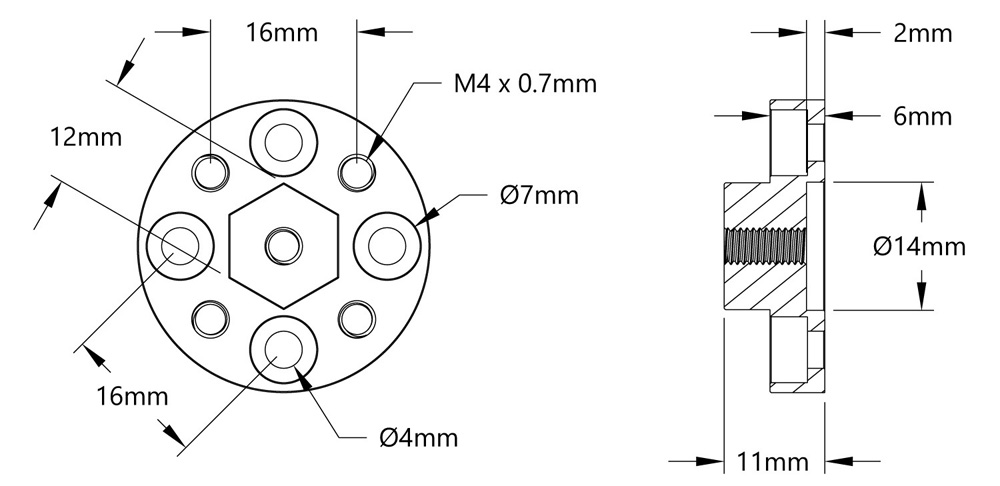 Adaptador de Rueda Hexagonal de 12mm c/ Patrón de Buje de 16mm (2x) - Haga Clic para Ampliar