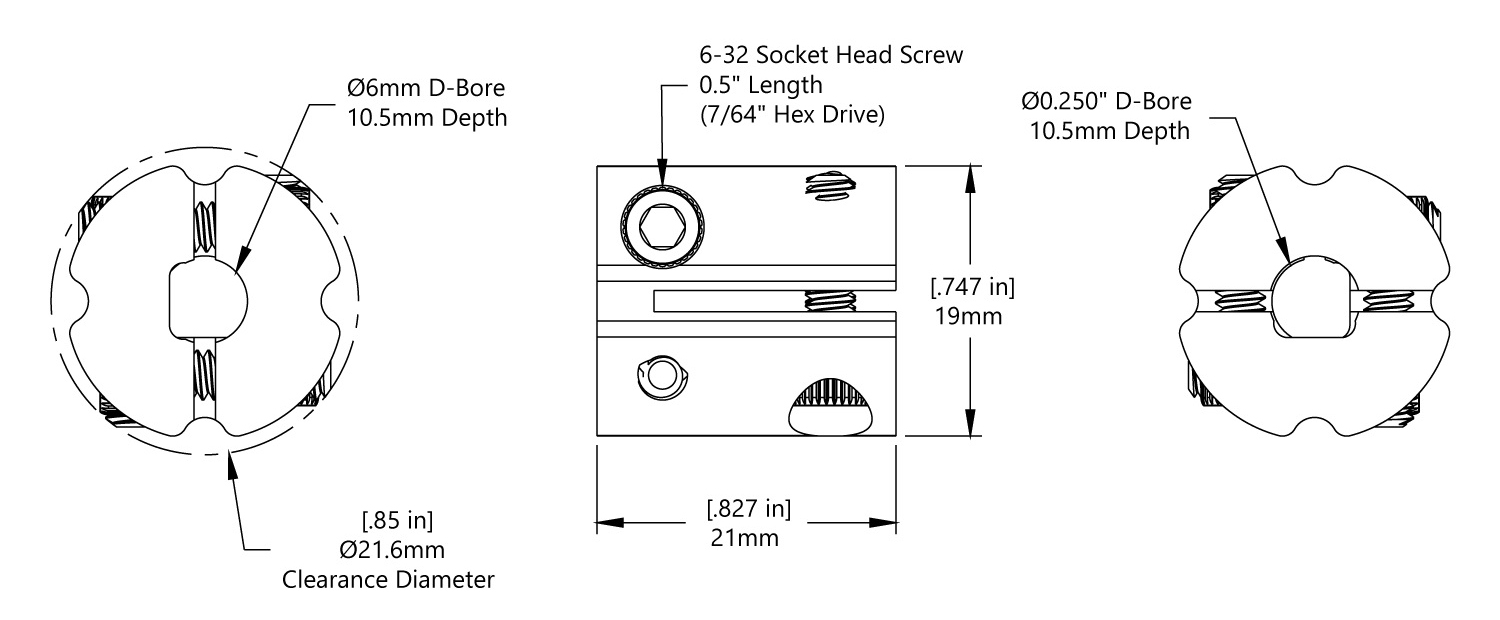 Stellschrauben-Wellenkupplung (1/4 Zoll bis 6 mm) - Zum Vergrößern klicken