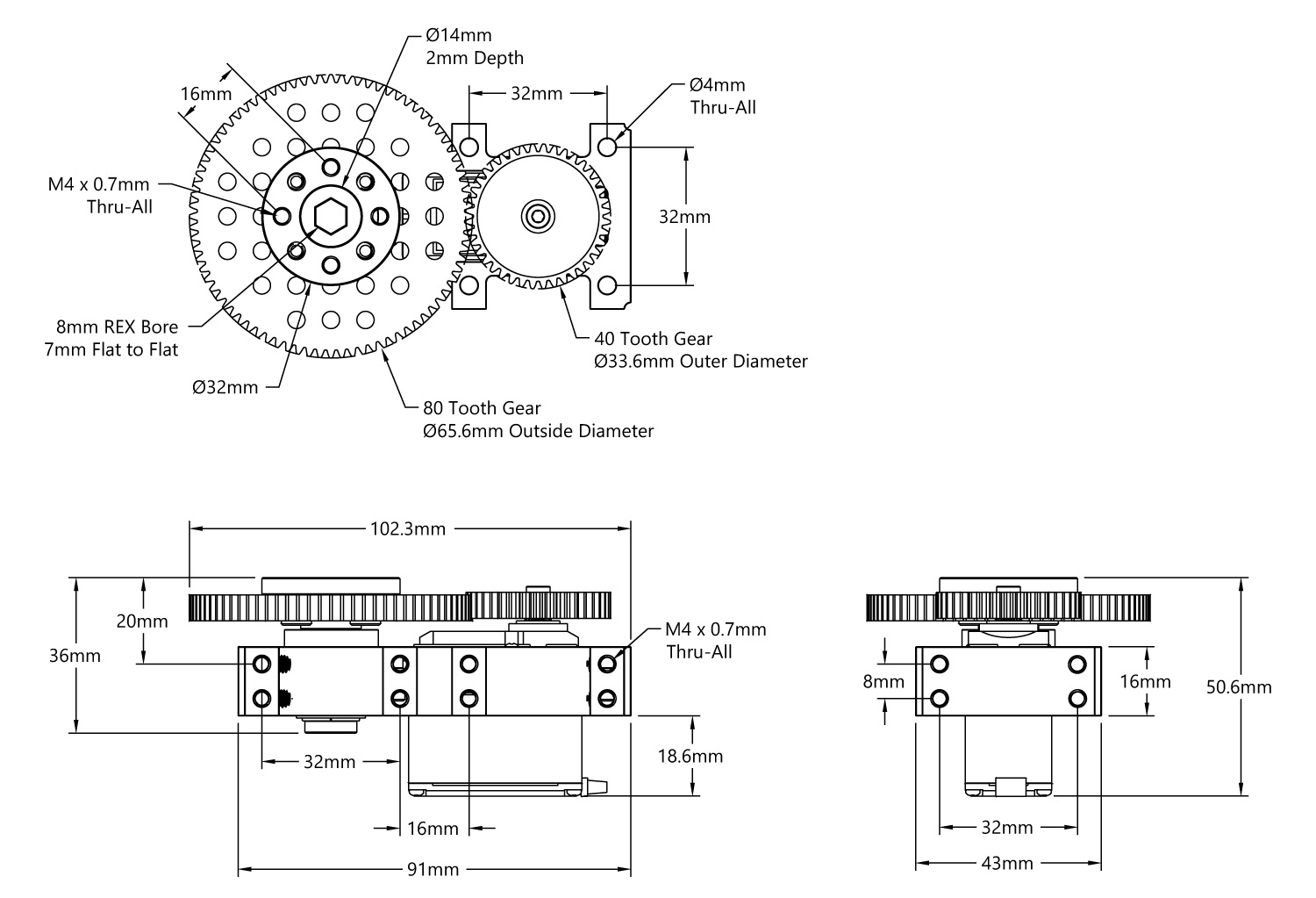 Shark-2 Servo Gearbox (0.28 sec/60°, 36 RPM, 944 oz-in Torque, 1260° Rotation) - Click to Enlarge