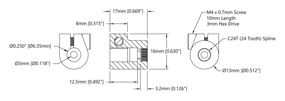 Servo de Sujeción Serie 4001 a Acoplador de Eje (Estriado de 24 Dientes a Orificio de 1/4 pulg) - Haga Clic para Ampliar