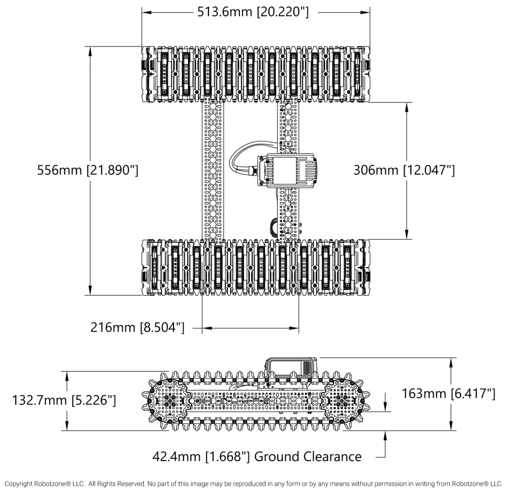 Bravo RC Tank Track Chassis with Dimensions - Dimensions cropped
