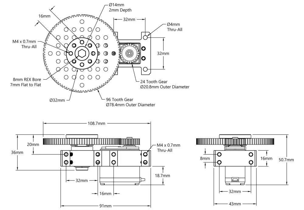 ServoCity Stingray-4 Servo Gearbox (15 rpm, 1400 Oz-in Torque, Continuous Rotation)