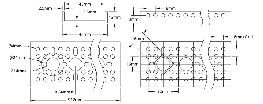 ServoCity 1121 Series Low-Side U-Channel (37 Hole, 912mm Length)