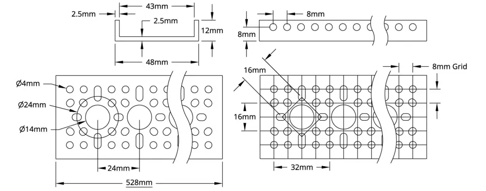 ServoCity 1121 Series Low-Side U-Channel (21 Hole, 528mm Length)