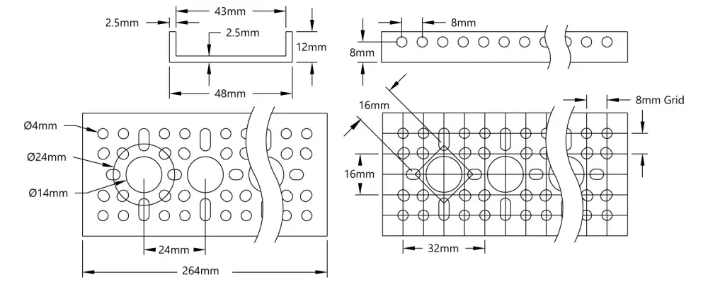 ServoCity 1121 Series Low-Side U-Channel (10 Hole, 264mm Length)