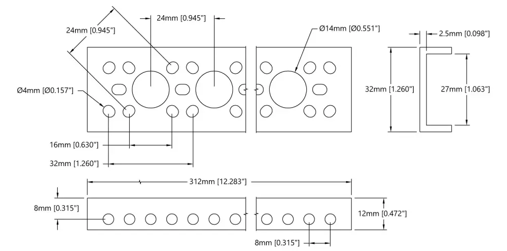ServoCity 1143 Series Mini Low-Side U-Channel (12 Hole, 312mm Length)