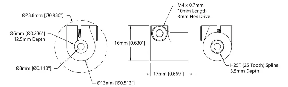 ServoCity 4001 Series Clamping Servo to Shaft Coupler (25 Tooth Spline to 6mm Round Bore)