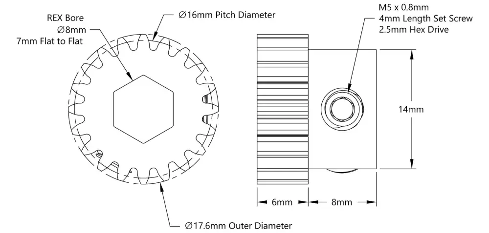 ServoCity 2303 Series Steel, MOD 0.8 Pinion Gear (8mm REX™ Bore, 20 Tooth)