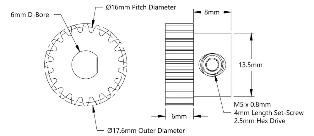 ServoCity 2303 Series Steel, MOD 0.8 Pinion Gear (6mm D-Bore, 20 Tooth)