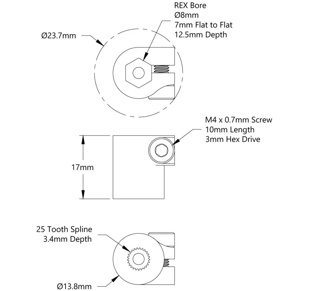 ServoCity 4001 Series Clamping Servo to Shaft Coupler (25 Tooth Spline to 8mm REX™ Bore)