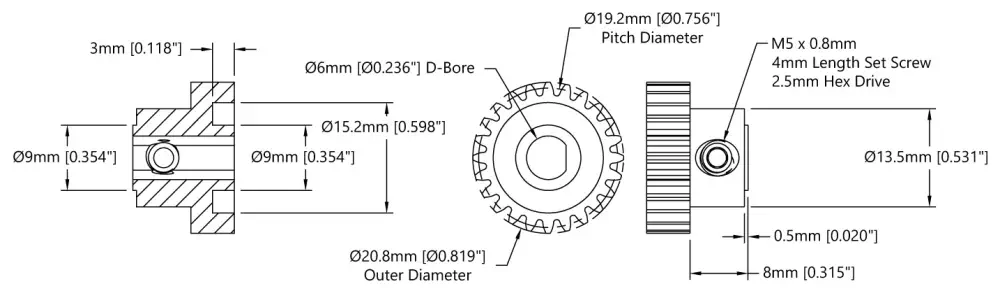 ServoCity 2303 Series Steel, MOD 0.8 Pinion Gear (6mm D-Bore, 24 Tooth)