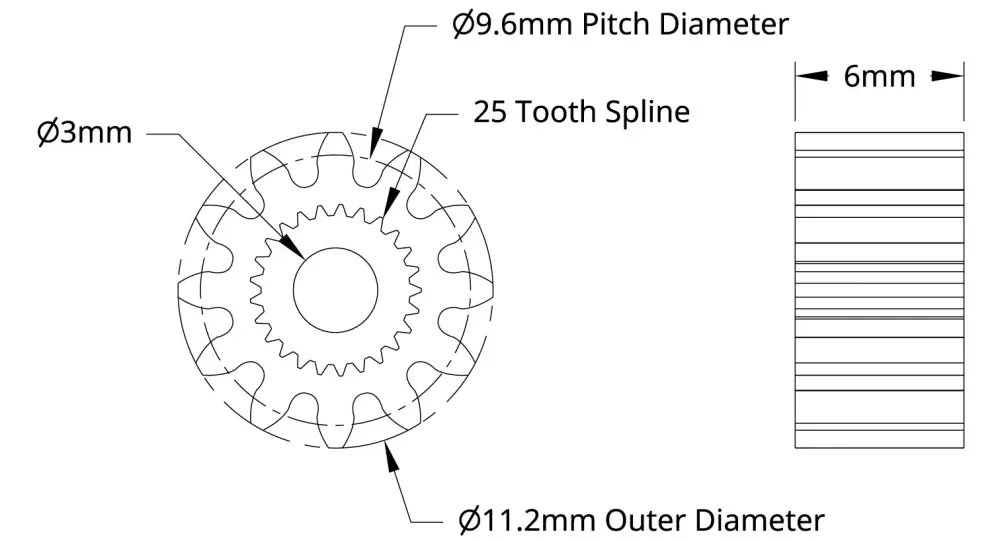 ServoCity 2305  Series Brass, MOD 0.8, Servo Gear (25 Tooth Spline, 12 Tooth)