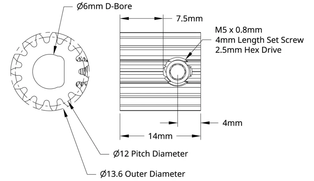 ServoCity 2301 Series Brass, MOD 0.8 Pinion Gear (6mm D-Bore, 15 Tooth)