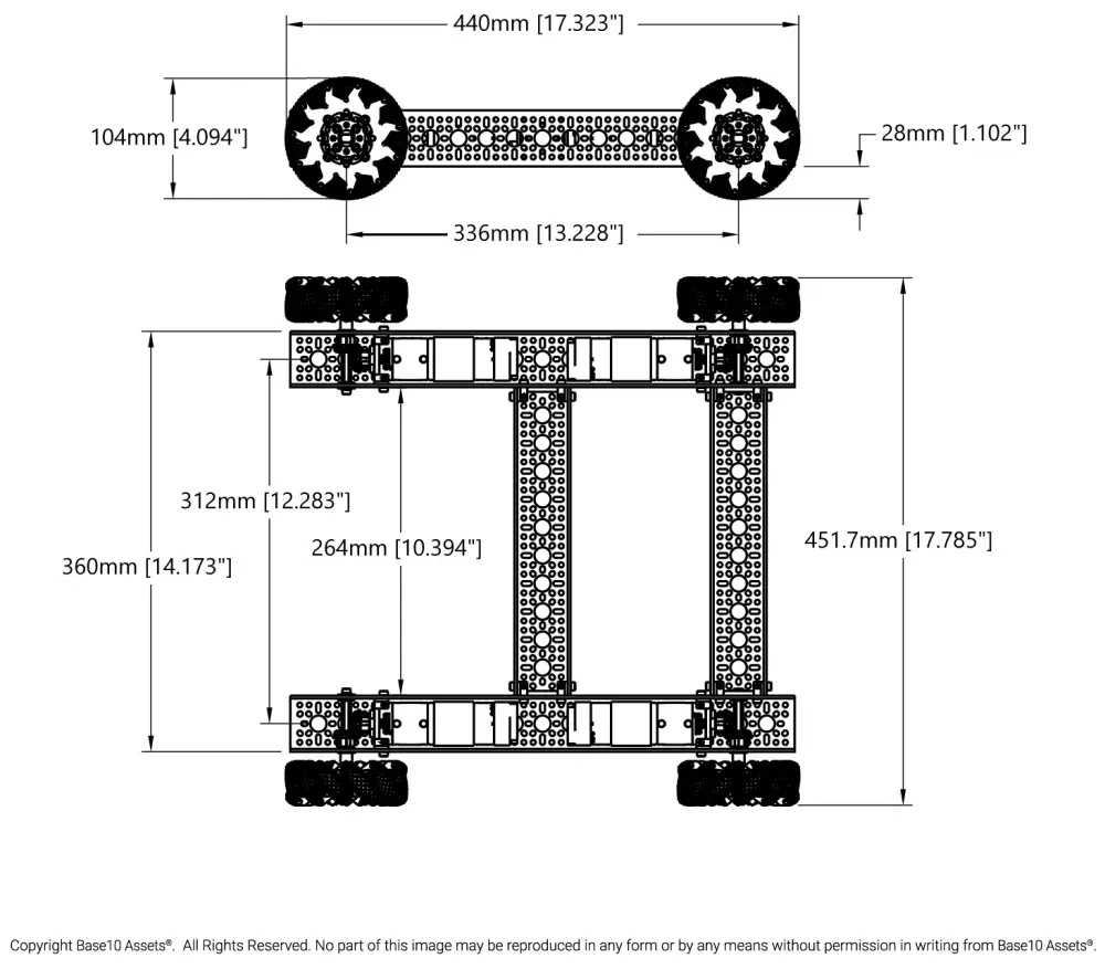 Schéma du Kit Châssis Strafer® avec Roues Mecanum - Dimensions