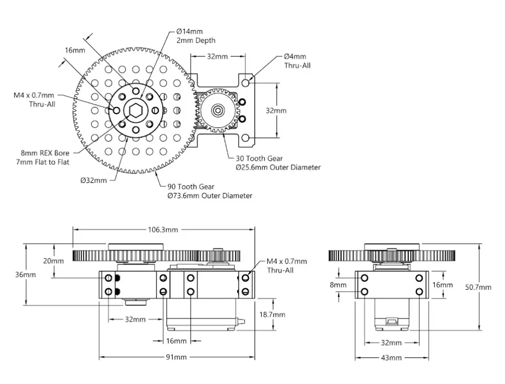 Stingray-3 Servo Gearbox Schematic - Dimensions