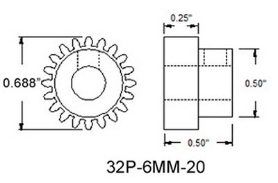 Actobotics 20T Gearmotor Pinion Gear (6mm)- Click to Enlarge