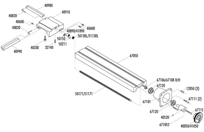Exploded View of 13-Inch Lathe Crosslide and Saddle Assembly - Dimensions