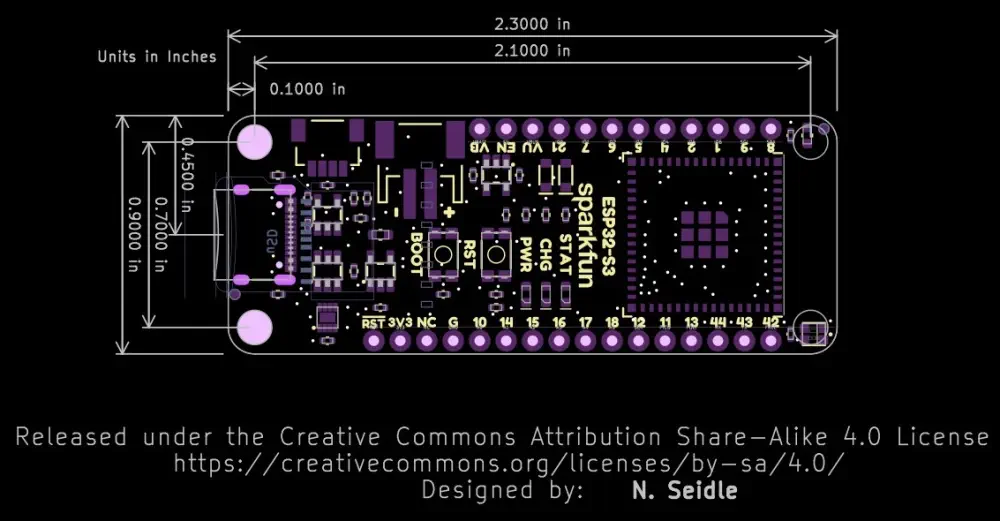 SparkFun Thing Plus ESP32-S3 Board Layout - Dimensions