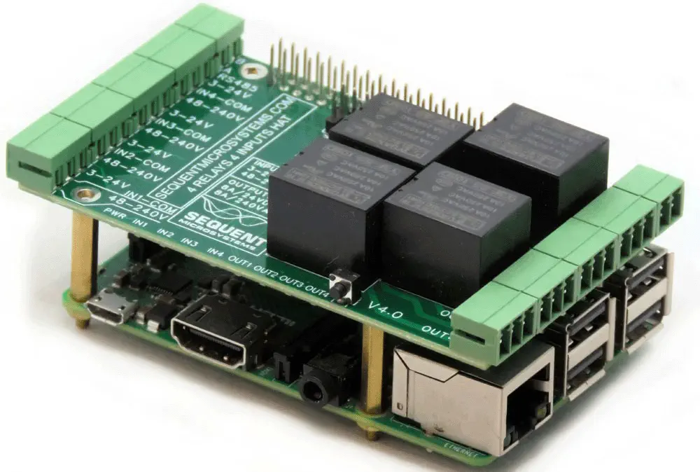 Sequent Microsystems 4-Relays 4-HV-Inputs 8-Layer Stackable HAT for Raspberry Pi