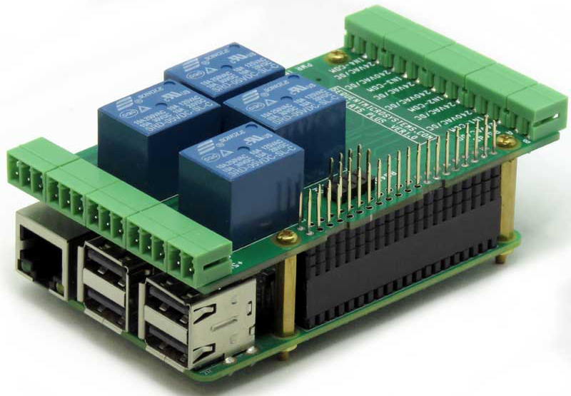 Sequent Microsystems 4-Relays 4-Inputs 8-Layer Stackable HAT for Raspberry Pi - Click to Enlarge