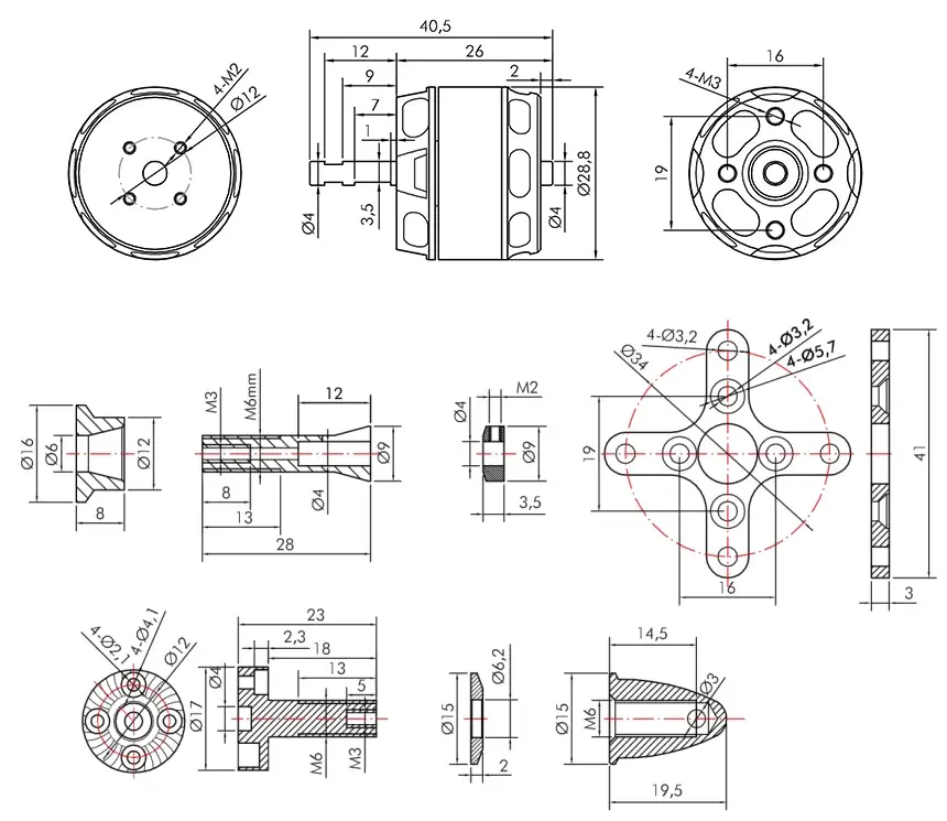 Technical Drawing of AT2308 Fixed Wing Aircraft 3D Trainer Glider - Dimensions