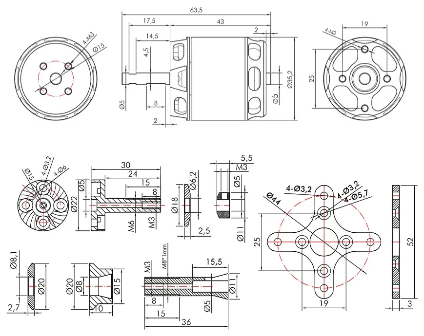 AT2820 3D F3A Fixed Wing UAV Motor - Dimensions