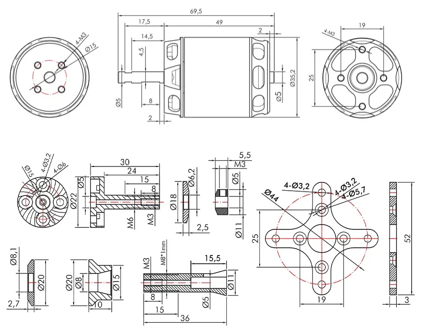 AT2826 3D F3A Motor KV900 - Dimensions